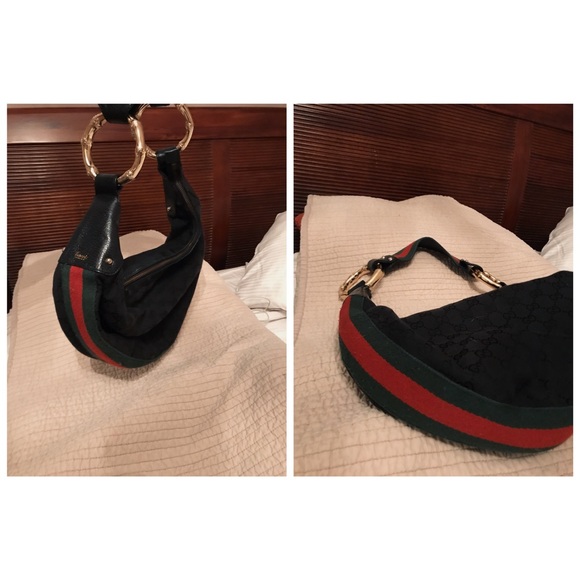 Authentic Gucci Black GG Web Bamboo Hobo Bag - Picture 2 of 4